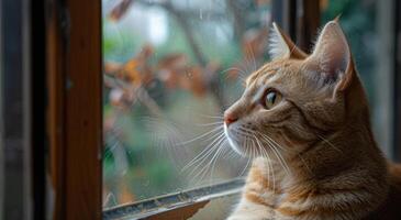 ai generado gato se sienta curioso fuera de un ventana, foto