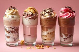 AI generated four desserts including snickers ice cream and milkshake photo