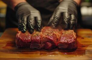 AI generated chef some meat for steaks on the board photo