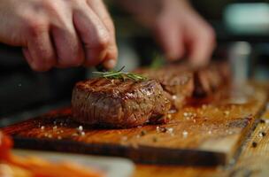 ai generado cocinero algunos carne para filetes en el tablero foto