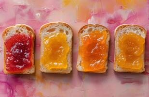 AI generated four slices of bread with four different jams on them photo