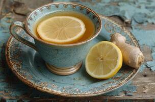 AI generated ginger tea with ginger root on a table with a slice of lemon on top of it photo