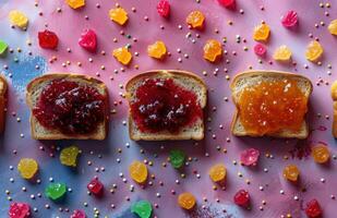 AI generated four different kinds of jam are scattered on several slices of toast photo