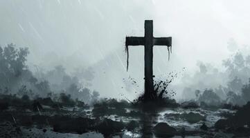 AI generated graphic of a cross with rain splashing photo