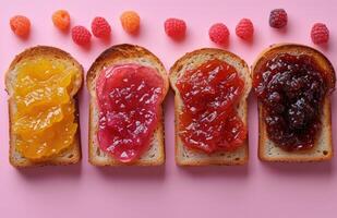 AI generated four slices of bread with four different jams on them photo