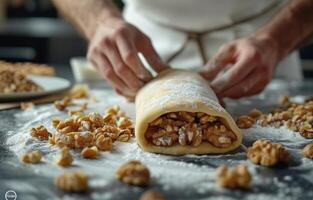 AI generated professional chef in the kitchen rolling a walnut cookie dough photo