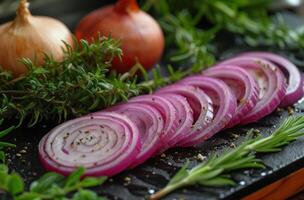 AI generated red onions, sliced, next to herbs, photo