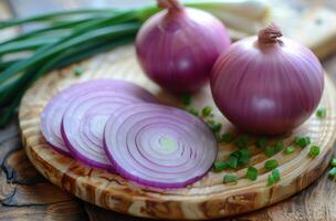 AI generated sliced onion and fresh green onions in a wooden board photo