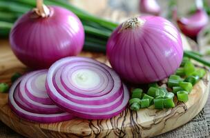 AI generated sliced onion and fresh green onions in a wooden board photo