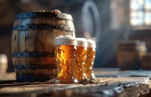 AI generated several glasses of beer sit next to a barrel on a wooden background photo