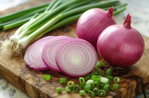 AI generated sliced onion and fresh green onions in a wooden board photo