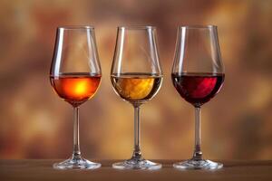 AI generated three shot glasses with different types of wine photo