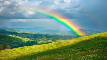 AI generated Vibrant rainbow stretching across a picturesque valley, framed by rolling hills and illuminated by the sun photo