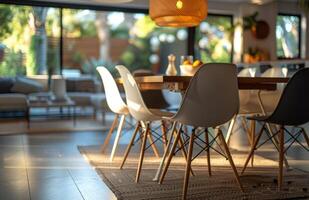 AI generated white and black dining room table set with chairs photo