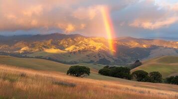 AI generated Vibrant rainbow stretching across a picturesque valley, framed by rolling hills and illuminated by the sun photo