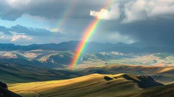 AI generated Vibrant rainbow stretching across a picturesque valley, framed by rolling hills and illuminated by the sun photo