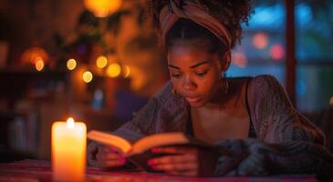 AI generated woman reading at a table in the light of a candle, photo