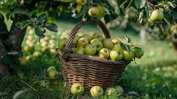 ai generado cosecha cesta en medio de manzana huerta foto