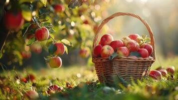 ai generado rojo manzanas en iluminado por el sol huerta foto