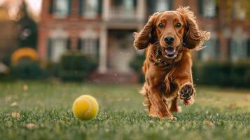 ai generado irlandesa setter jugando ir a buscar en el jardín foto