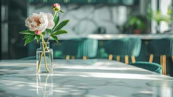 AI generated Elegant marble table with a delicate peony arrangement in a modern kitchen. photo