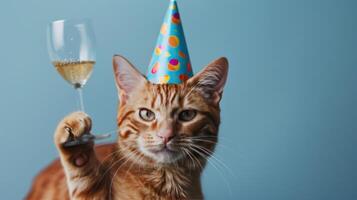 AI generated Celebratory Cat with Champagne Glass and Party Hat photo