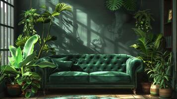 AI generated Modern interior with green velvet sofa surrounded by lush houseplants photo