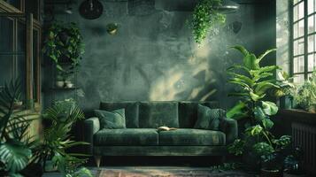 AI generated Modern interior with green velvet sofa surrounded by lush houseplants photo