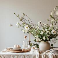 AI generated A festive Easter table is adorned with a decorative centerpiece of flowers, eggs, and greenery, creating a joyful atmosphere. photo