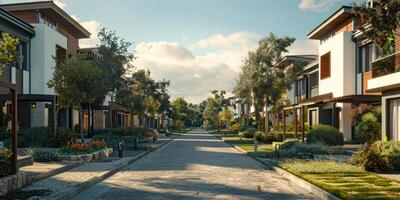 AI generated Modern city street with contemporary houses and lush landscaping. photo