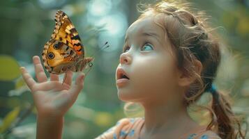 ai generado niño preguntarse con mariposa foto