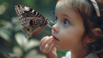 ai generado niño preguntarse con mariposa foto