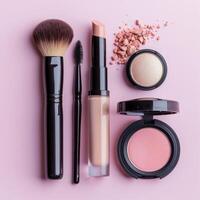 AI generated Makeup Essentials on Pink Surface photo