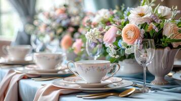 AI generated Elegant Easter Brunch Table Setting photo