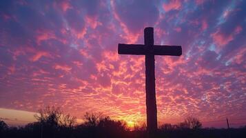 ai generado dramático Pascua de Resurrección amanecer detrás cruzar foto