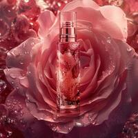 ai generado elegante Rosa esencia suero botella foto