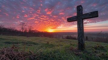 ai generado dramático Pascua de Resurrección amanecer detrás cruzar foto