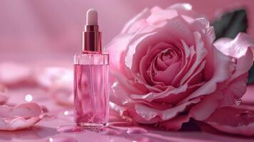 AI generated Serum Dropper Bottle with Pink Rose photo