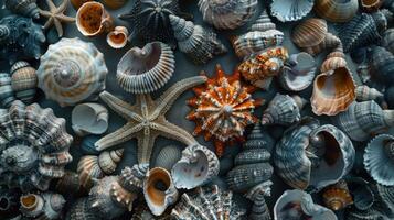 AI generated Abstract background made of shells of different shapes and sizes, top view photo