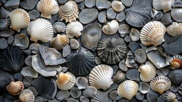 AI generated Abstract background made of shells of different shapes and sizes, top view photo