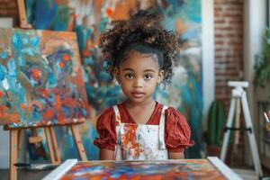 AI generated An eight-year-old girl paints on an easel in her bright, modern nursery. She has her hair in a high ponytail photo