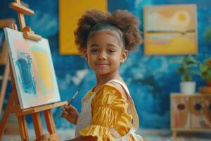 AI generated An eight-year-old girl paints on an easel in her bright, modern nursery. She has her hair in a high ponytail photo