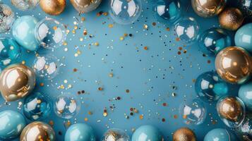 AI generated Beautiful festive minimalistic blue background with gold and clear balloons on the sides photo