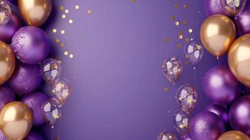 AI generated Beautiful festive minimalistic violet background with gold and clear balloons on the sides photo