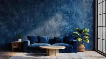 AI generated Beautiful modern minimalist interior with plaster texture panels on the walls. Living room with a dark blue sofa photo