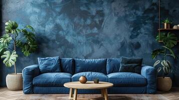 AI generated Beautiful modern minimalist interior with plaster texture panels on the walls. Living room with a dark blue sofa photo
