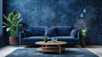 AI generated Beautiful modern minimalist interior with plaster texture panels on the walls. Living room with a dark blue sofa photo