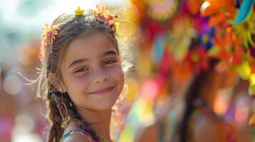 ai generado hermosa joven niña a el carnaval en rio Delaware janeiro con grande copyspace área, descentrado composición foto