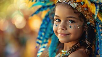 ai generado hermosa joven niña a el carnaval en rio Delaware janeiro con grande copyspace área, descentrado composición foto