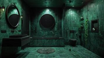 AI generated Beautifully modern dark bathroom interior in loft style. Dark green and black tones photo